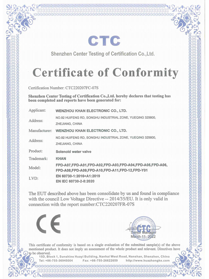 Solenoid Valve LVD Certificate